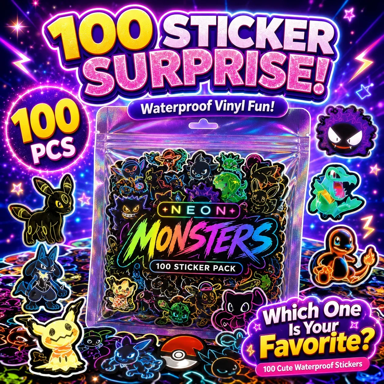 100pcs Neon  Pokémon  Stickers - огляд і ціна Laptops